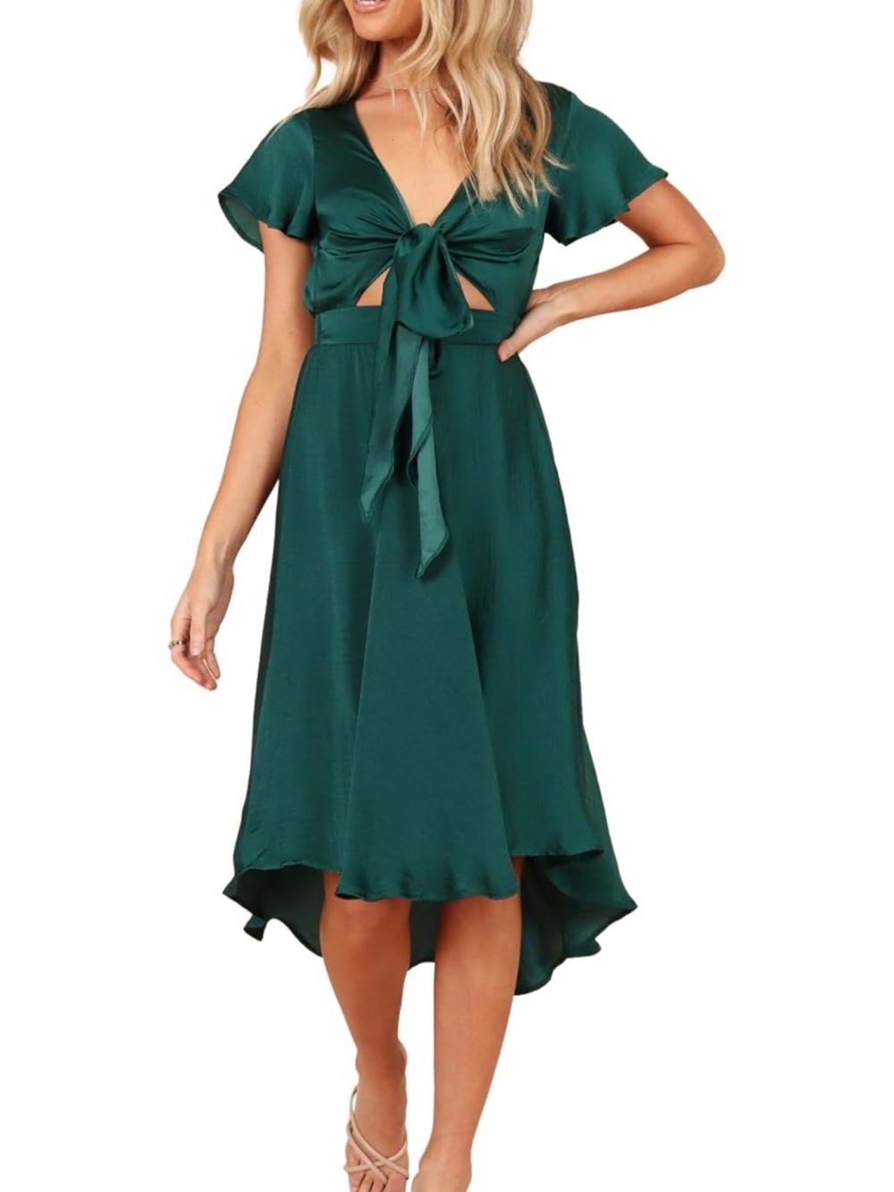 Petal & Pup Emerald Green Tie-Front High-Low Midi Dress